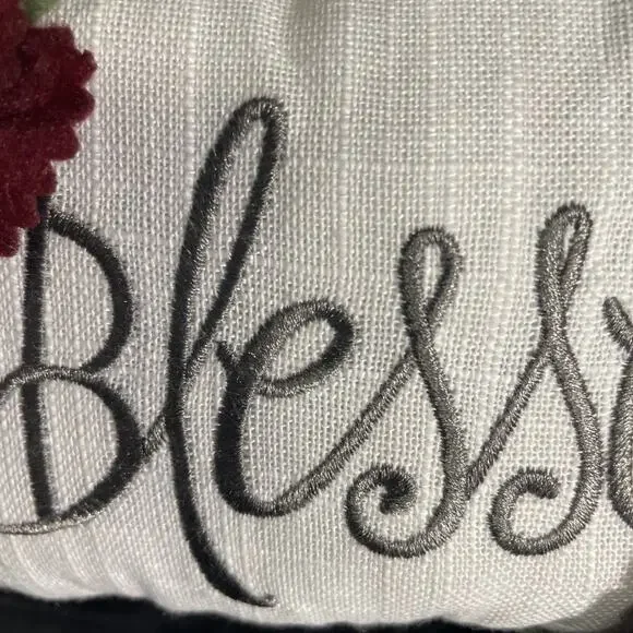 BLESSED Pillow Door Hanger 7”x 5” White Linen Pink and Burgundy Felt Flowers - Picture 5 of 9